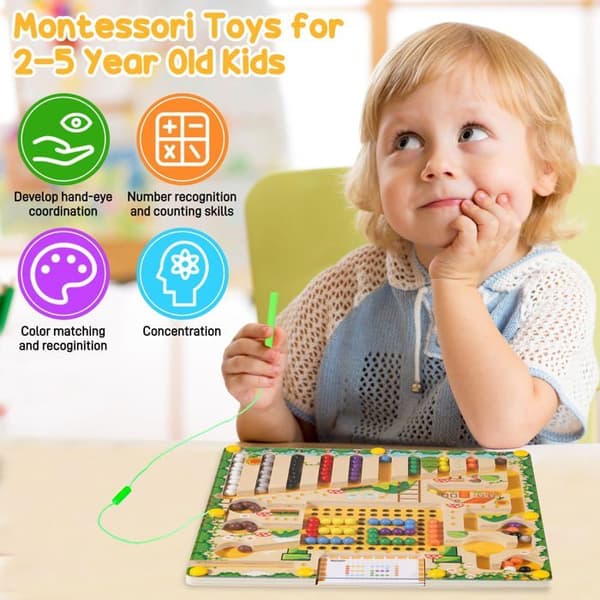 Magnetisk labyrintspil - 1 stk, Montessori - Egnet til børn 3 år og ældre, farvelæring