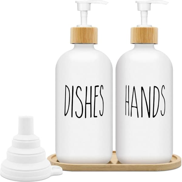 Mat Hvid Sæbedispenser Sæt 500ml Glas Sæbedispenser med Bakke Opvaskemiddel Dispenser Sæbedispenser til Køkken og Bruser (Hvid x 2)