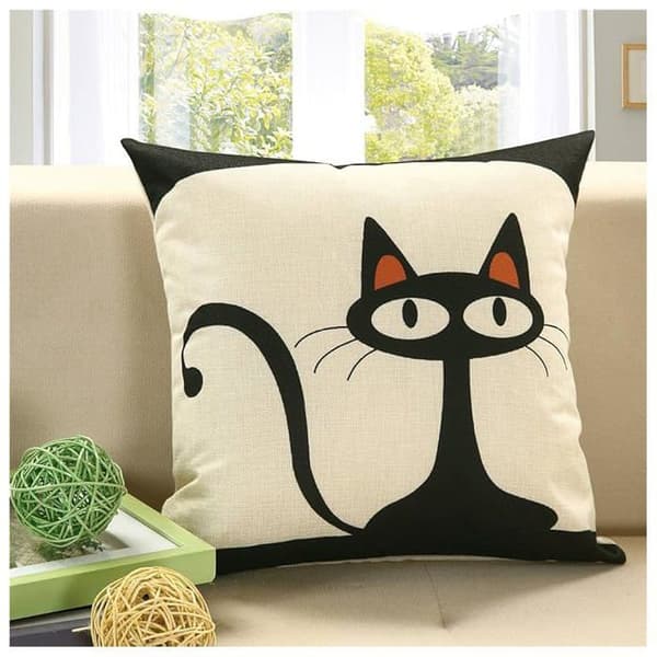 Pudebetræk - sort katte mønster - hør - 45 x 45 cm