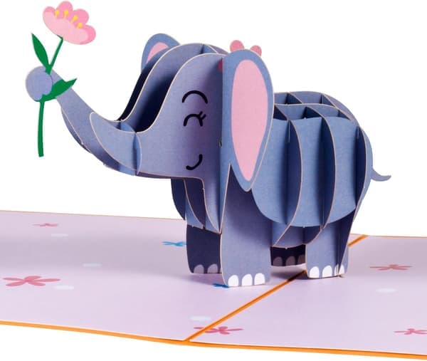 Pop-up gratulasjonskort, 3D elefant, perfekt for bursdagsfester, bursdagsgaver, jubileer