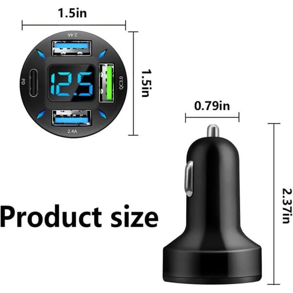 66W Hurtig Biloplader USB PD QC3.0 med LED Voltmeter til iPhone Samsung iPad