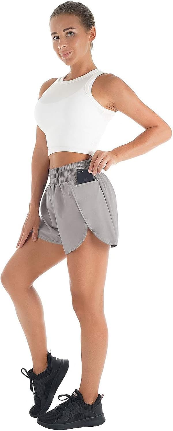 Løbeshorts til kvinder - Hurtigtørrende dobbeltlag med elastisk talje og lommer - Vælg farve og størrelse Grey Medium