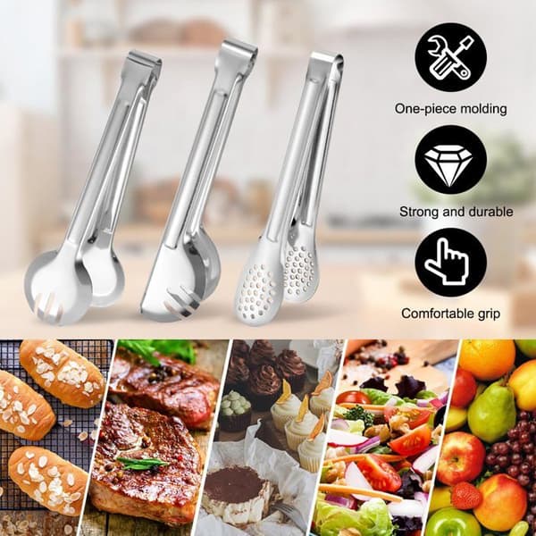3-delt multifunktionel køkkentang i rustfrit stål, køkkentang i rustfrit stål, madtang til grillning, kød, S