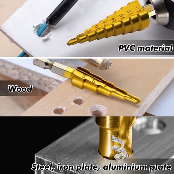 Sæt med 3 HSS Co8 Titanium Trappebor - Perfekt boring til træ, metal, stål og plast - 4-12/20/32mm - Professionel