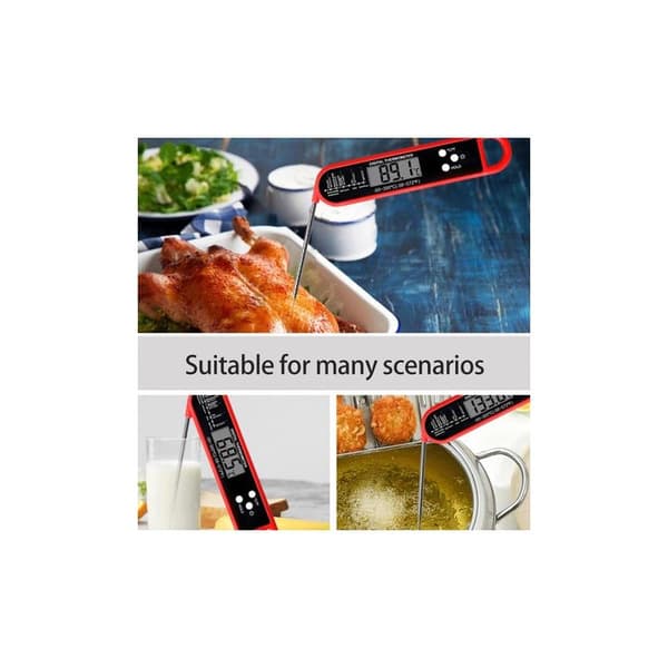 Digitalt køkkentermometer, 180° roterende probe, måler -50 til 300°C, magnet og ophængningshul.