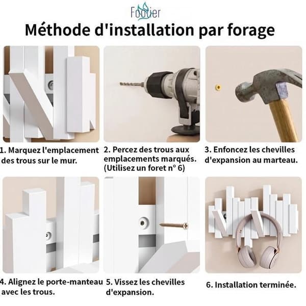 Klesstativ, Veggmontert Klesstativ i Tre med 6 Sammenleggbare Kroker, Hvit Drink 6 hooks