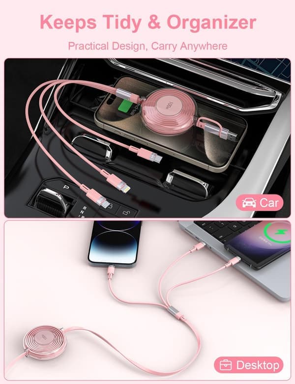 3-i-1 Multi-ladekabel, innebygd iPhone-lader, 100W hurtiglading USB-C/A til Lightning/USB-C/Micro USB telefonladekabel rosa Pink