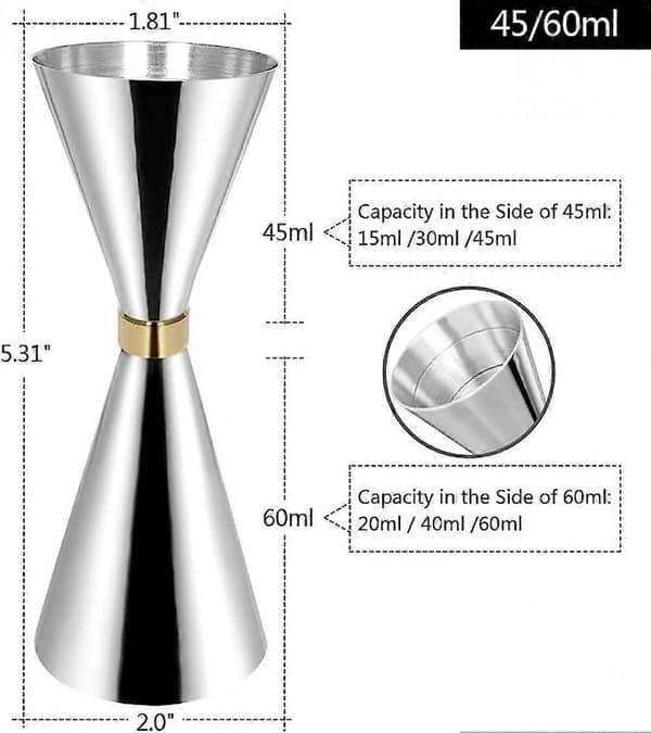 SSRGV Cocktail Jigger, 45ml/60ml Shotglas Mätkopp, Rostfritt Stål Cocktail Jigger Mätkopp Barsats för Vin Drink Cocktail