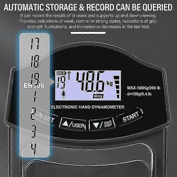 Grip Strength Tester, 396lbs/180kg Digital Hånd Dynamometer Grip Strength Meter USB LCD-skjerm Håndgrep Dynamometer [DB] -Sy