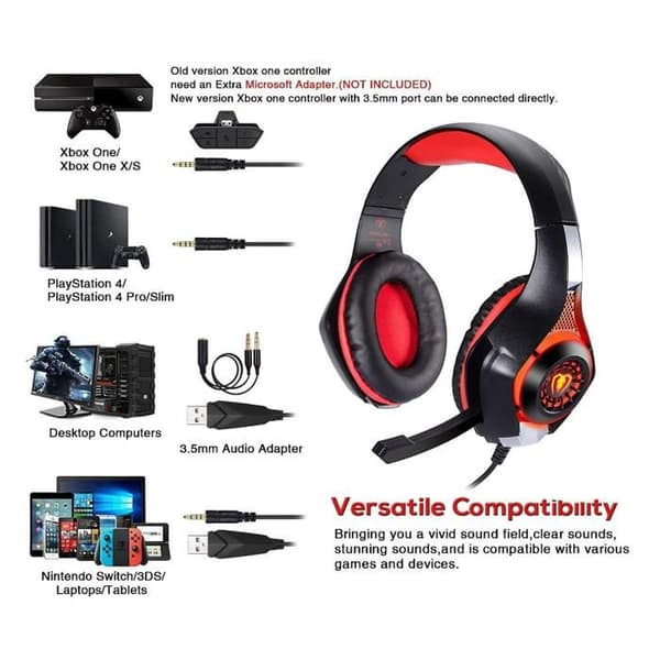 Hodesett med mikrofon og LED-lys for Xbox One, PC og bærbar PC (rød)