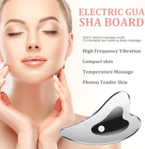 Elektriskt Gua Sha-verktyg för ansiktet, Gua Sha-platta med vibration, värme och ljusterapi