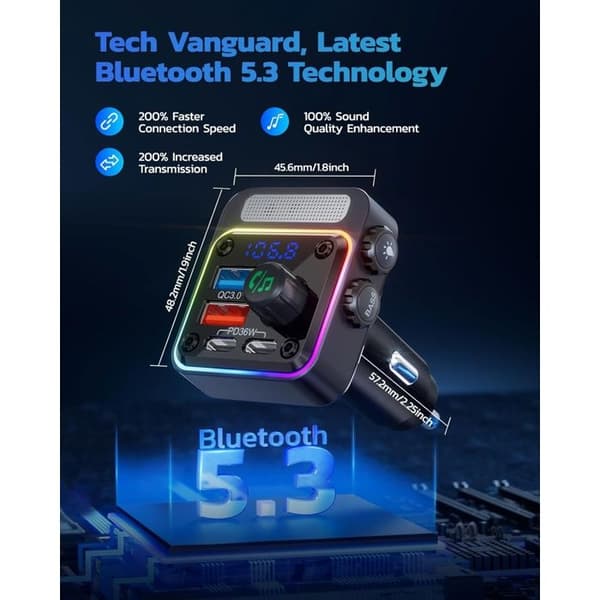 Bluetooth Biladapter - Chronus - 54W - 4-Port Hurtigopladning - FM-sender - Sort