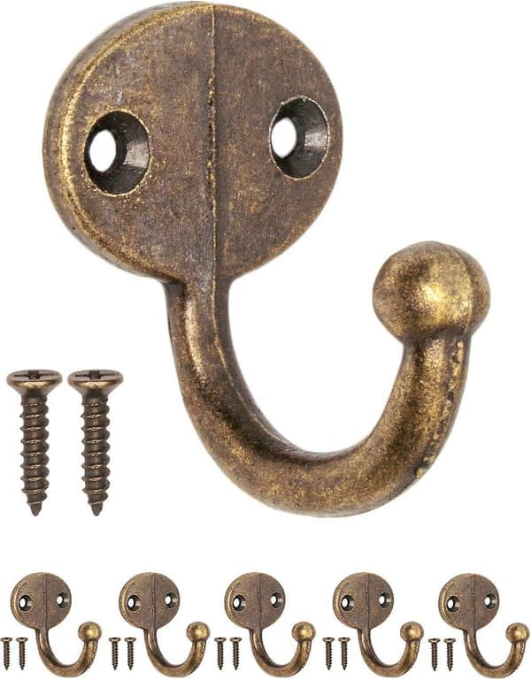 Sett med 5 antikke kleskroker, håndklekroker, jernkleskroker, veggkroker, bronse messing design