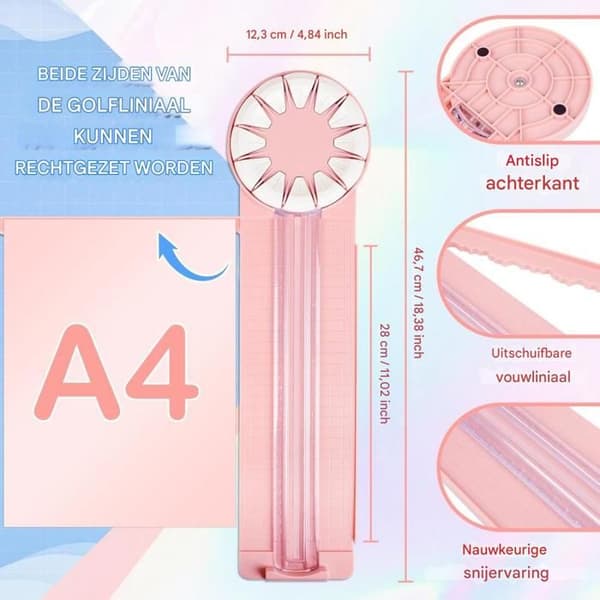 Multifunksjonell papirkutter - Papirkutter - Kanttrimmer - Egnet for kraftpapir, scrapbooking, postkort, etc. - Rosa