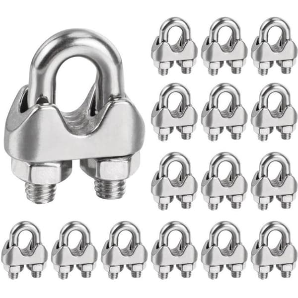 16 rustfri stål M6 kabelklemmer til 6 mm stålkabel, kraftige U-formede clips til metalfastgørelse