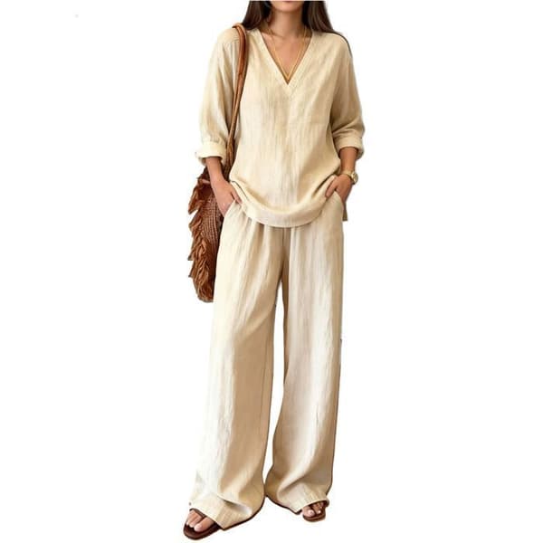 Klessett for kvinner - LEOCLOTHO - Langermet V-hals - Beige S