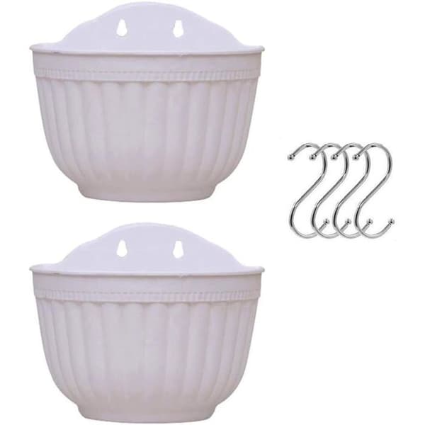 Set med 2 hängande blomkrukor i plast med dränering och 4 krokar (vit + vit)