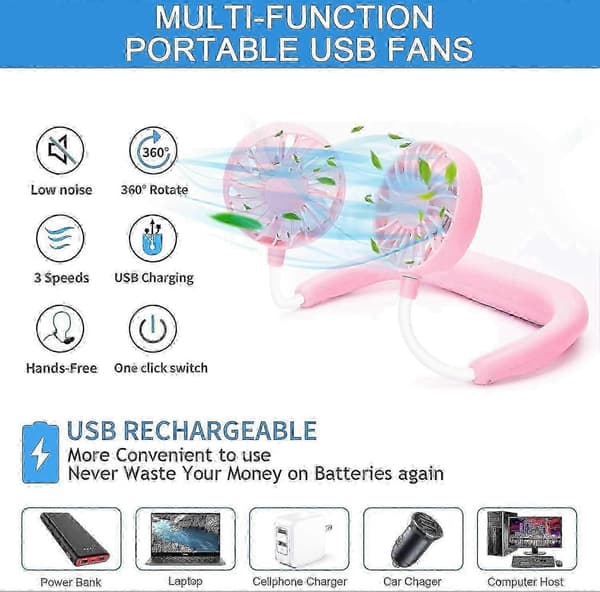 Bærbar halsventilator genopladelig, 3-trins bærbar ventilator (pink)
