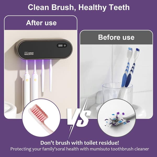 UV-sanitizer tandbørsteholder – 1800mAh genopladelig med tørring & timer, 4 pladser – Sort