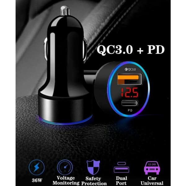 USB-C PD & QC3.0 Biloplader – Dobbelt USB-A hurtigoplader til Samsung, Huawei & iPhone 13/12/11/Pro/X