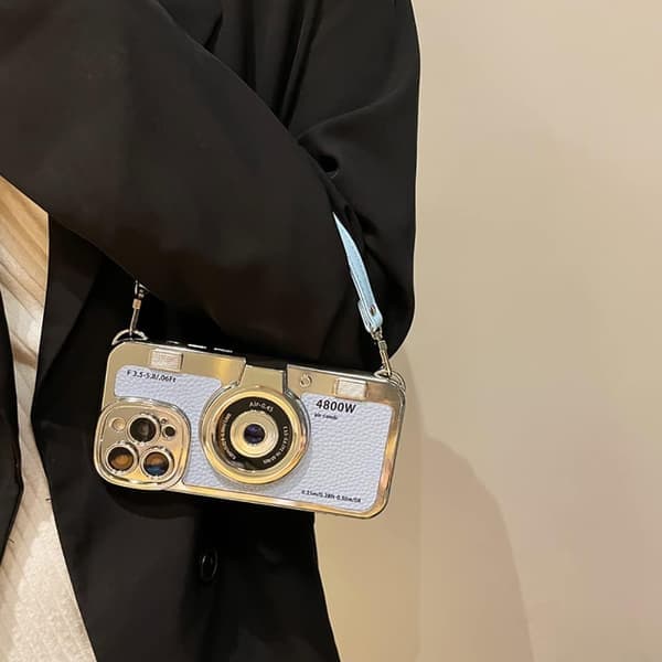 2025 Senaste Modell 3D Retro Kamera Mobilskal med Rem - Unik Cool Silikon PC Stötsäker Crossbody Väska för iPhone 16 Pro - Blå Blå iPhone 14 Blue iPhone 14