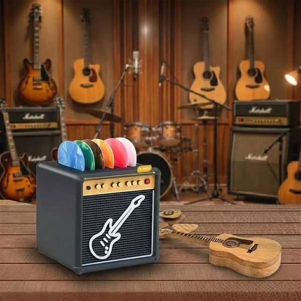 Guitarplekterboks - 9 Stykker - Træ og Celluloid - Forstærkerdesign - Plekteropbevaring - Til Guitarister