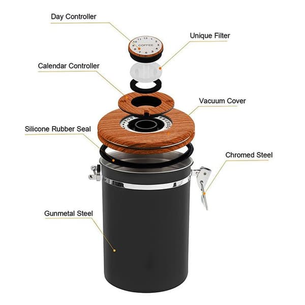 Kaffebeholder - 1,8 L - Rustfrit stål med træåre-finish - Opbevaring af kaffebønner