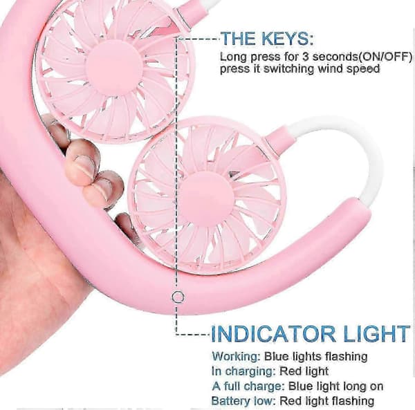 Bærbar halsventilator genopladelig, 3-trins bærbar ventilator (pink)