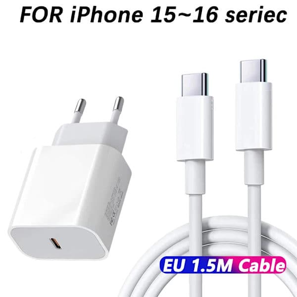 Hurtigoplader 30W PD – USB-C til iPhone 16/15/14/13/12/11 med 1,5m C til C kabel – EU-sæt