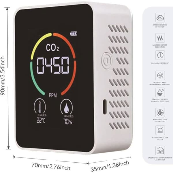 Bærbar 3-i-1 CO2-detektor med LCD-skjerm, karbondioksidsensor, termohygrometer med alarm for bobiler, hvit