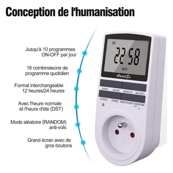 Programmerbar digital stikkontakt-timer – 5,7 cm LCD-skjerm – Tyverisikring med tilfeldig modus – 10 PÅ-AV-programmer – Energisparing