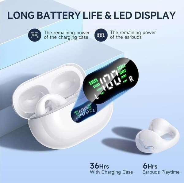 Benledningshörlurar, Bluetooth 5.3, 36 timmars batteritid, ENC-mikrofon, LED-laddningsfodral – vit