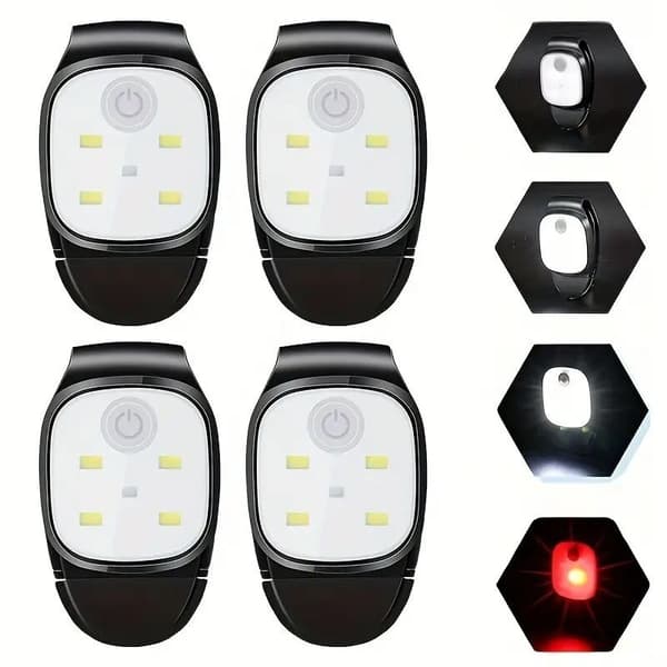 4-pakning LED-klipslys, reflekterende USB oppladbart klipslys, 4 lysmoduser, minihodelampe for utendørs løping, jogging, fiske