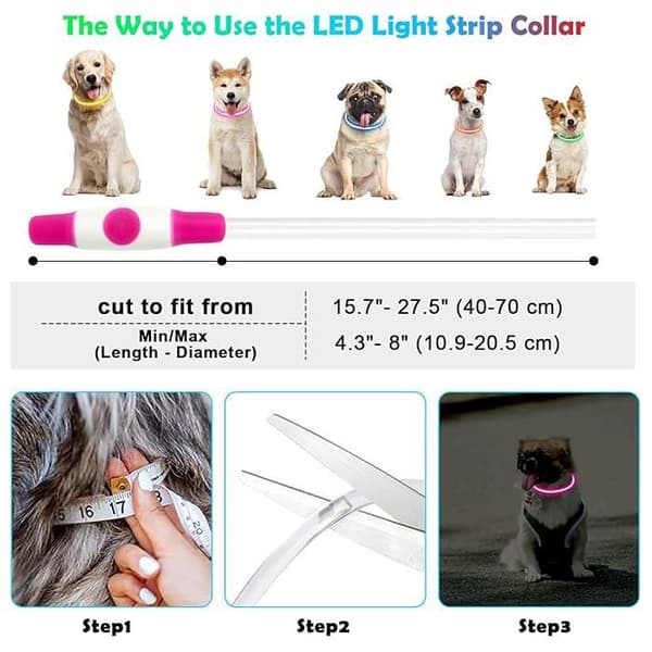 LED-halsband för hundar och katter, USB-uppladdningsbart, justerbart, vattentätt, klippbart, husdjurssäkerhet, rosa