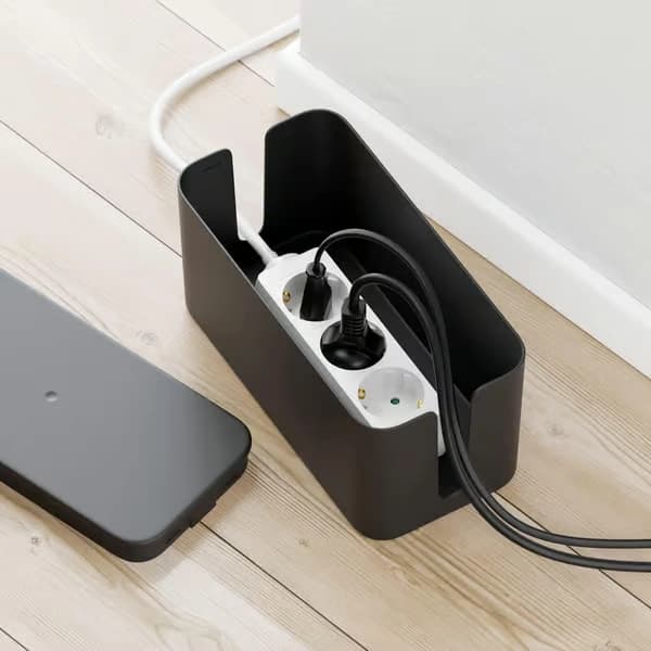 Kabelstyringsboks – 23,5x11,5x11,5cm robust plast med 2 sidekabelgennemføringer – Sort