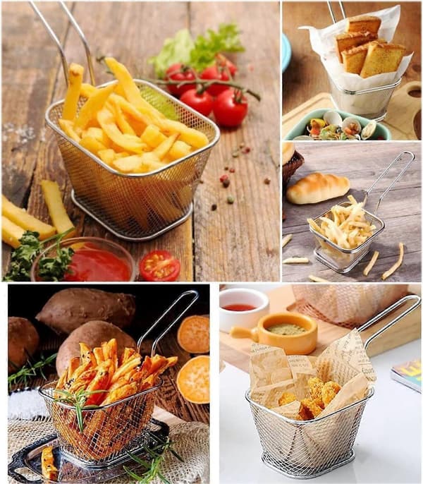 4 x Pommes frites kurve i rustfrit stål til servering med håndtag, mesh friturekurv til rejer og løgringe