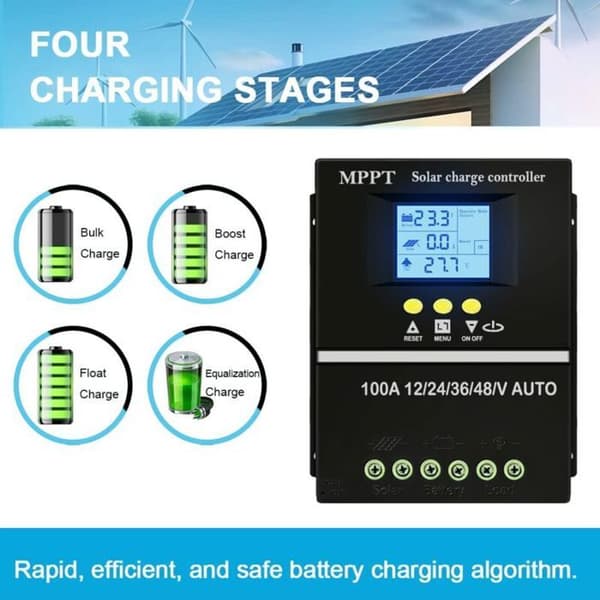 100A MPPT Solar ladekontroller, 12V 24V 48V, LCD-skjerm, doble USB-porter, 99,5 % effektivitet