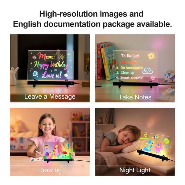 20x30 cm LED-lystavle for barn, 4 lysmoduser, 5 historiekort, 7 tusjer, 1 klut, 1 stativ