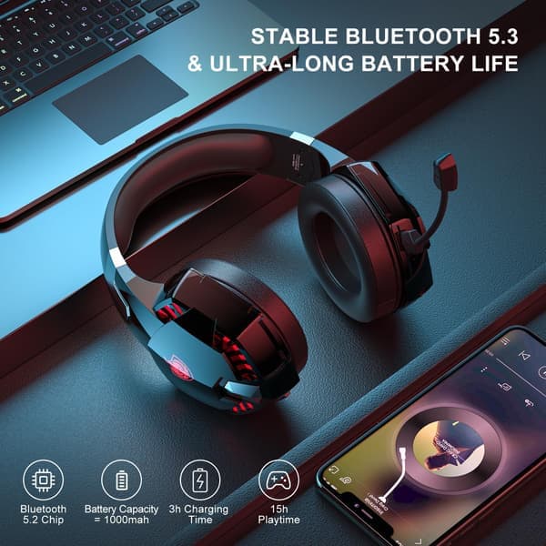 PS4 Gaming Headset for PS5, PC, Switch, G2000 Pro Bluetooth Trådløse Øreklokker for Telefon, Laptop, med Avtakbar Støyreduserende Mikrofon, Ste Red