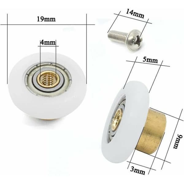 Sæt med 4 udskiftningsruller til skydedøre med M4 skruer, 19 mm diameter -