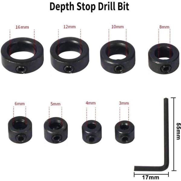 Borestop - 8 dele, 3-16 mm, med unbrakonøgle - Velegnet til boremaskiner, borepositionering