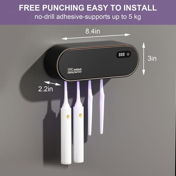 UV-sanitizer tandbørsteholder – 1800mAh genopladelig med tørring & timer, 4 pladser – Sort
