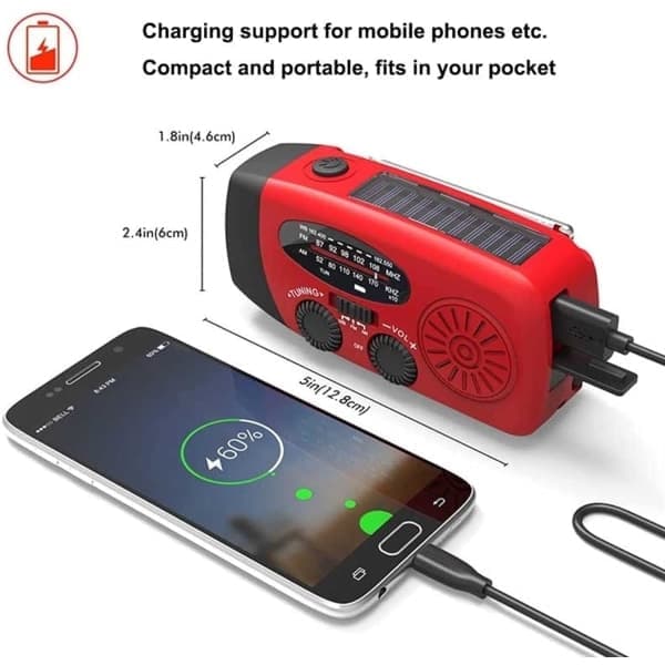 Håndsvingradio med solceller og lommelygte - 2000mAh Powerbank - Sort