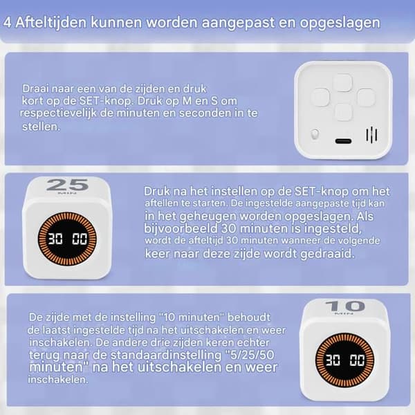 Roterende Pomodoro-timer - Digital roterende timer med resterende statuslinje - Køkken, klasseværelse, hvid
