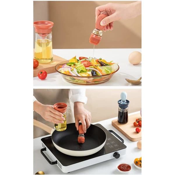 Sæt med 2 oliedispenserflasker med børste, 180 ml glas til madlavning, bagning og grill (orange + blå)
