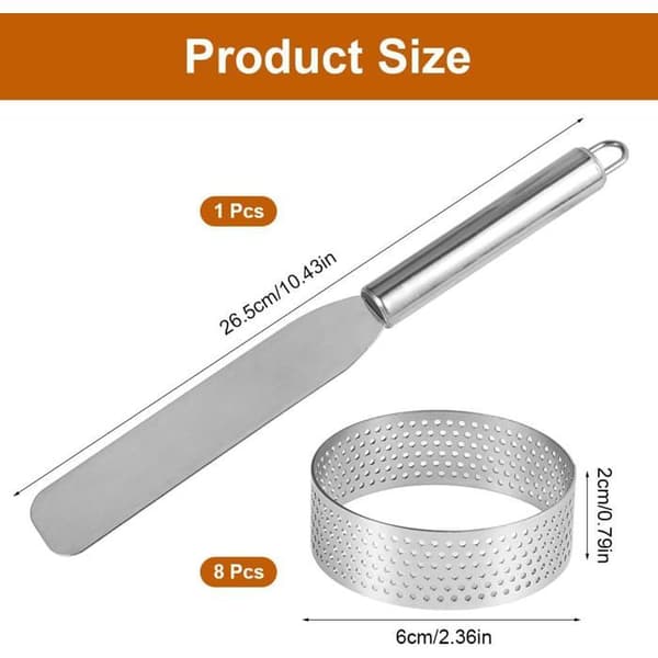 8 stk. Ø 6 cm små mikroperforerte konditorringer i rustfritt stål, høyde 2 cm, perforerte terteringer, tertelettringer