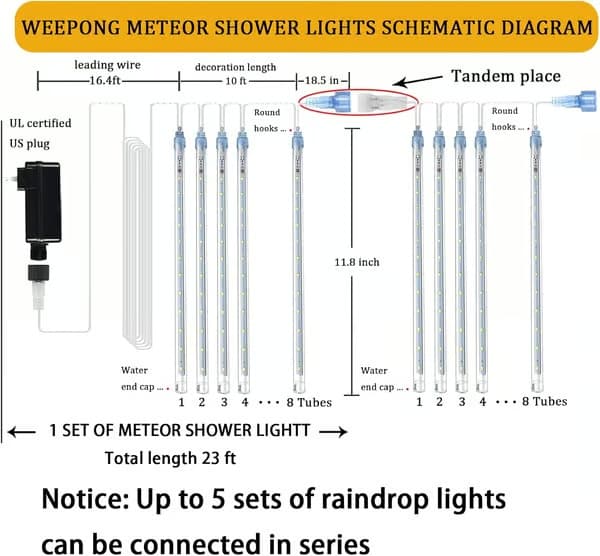 Meteorregn-ljus – Utomhus 12\" 8 rör 192 LED snöfall istappsslinga – Varmvit Warm White