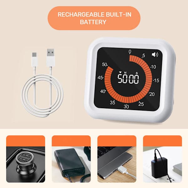 Visuel Timer - Genopladelig Timer med Magnet & Stativ, Justerbar Lydstyrke
