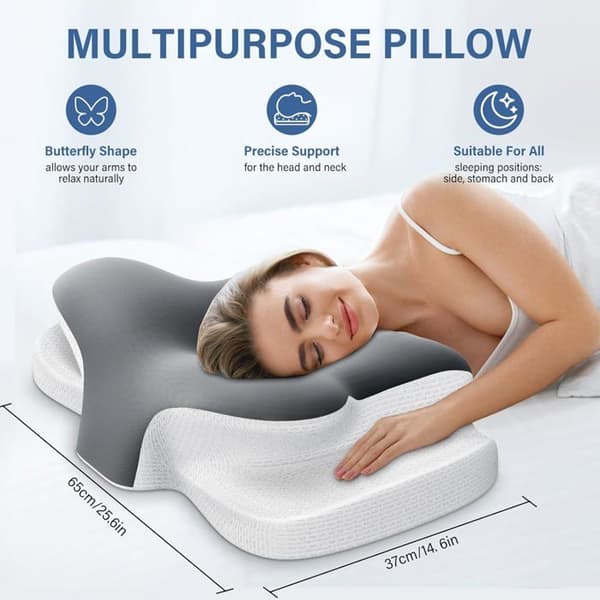 Ergonomisk 2-i-1 Nackkudde, Memory Foam Nackstödskudde, Kudde för Sido-, Rygg- och Magsovare, Grå