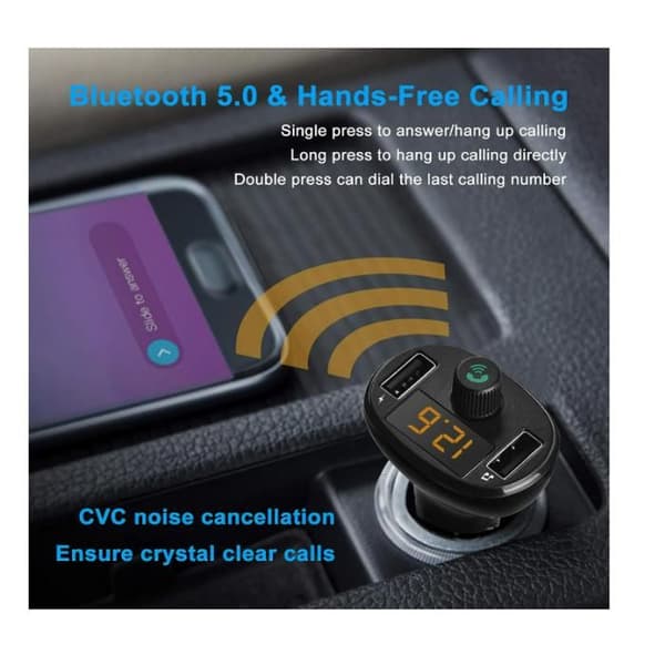 Dobbel billader, hurtiglading 3.4A maks, FM-sender, Bluetooth 5.0, håndfri, par ladere